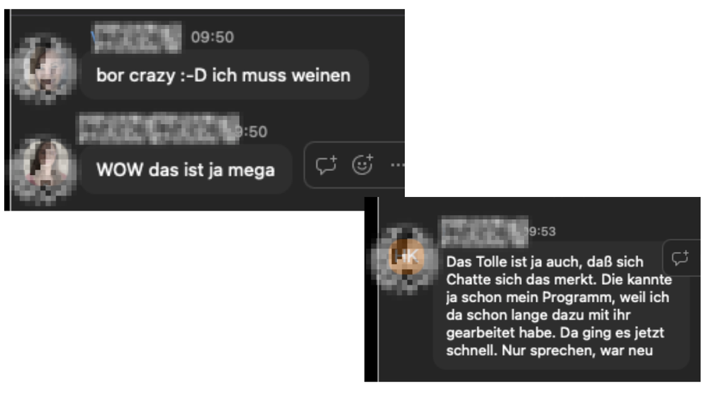 Chatnachrichten aus einem Training: nur sprechen, war neu